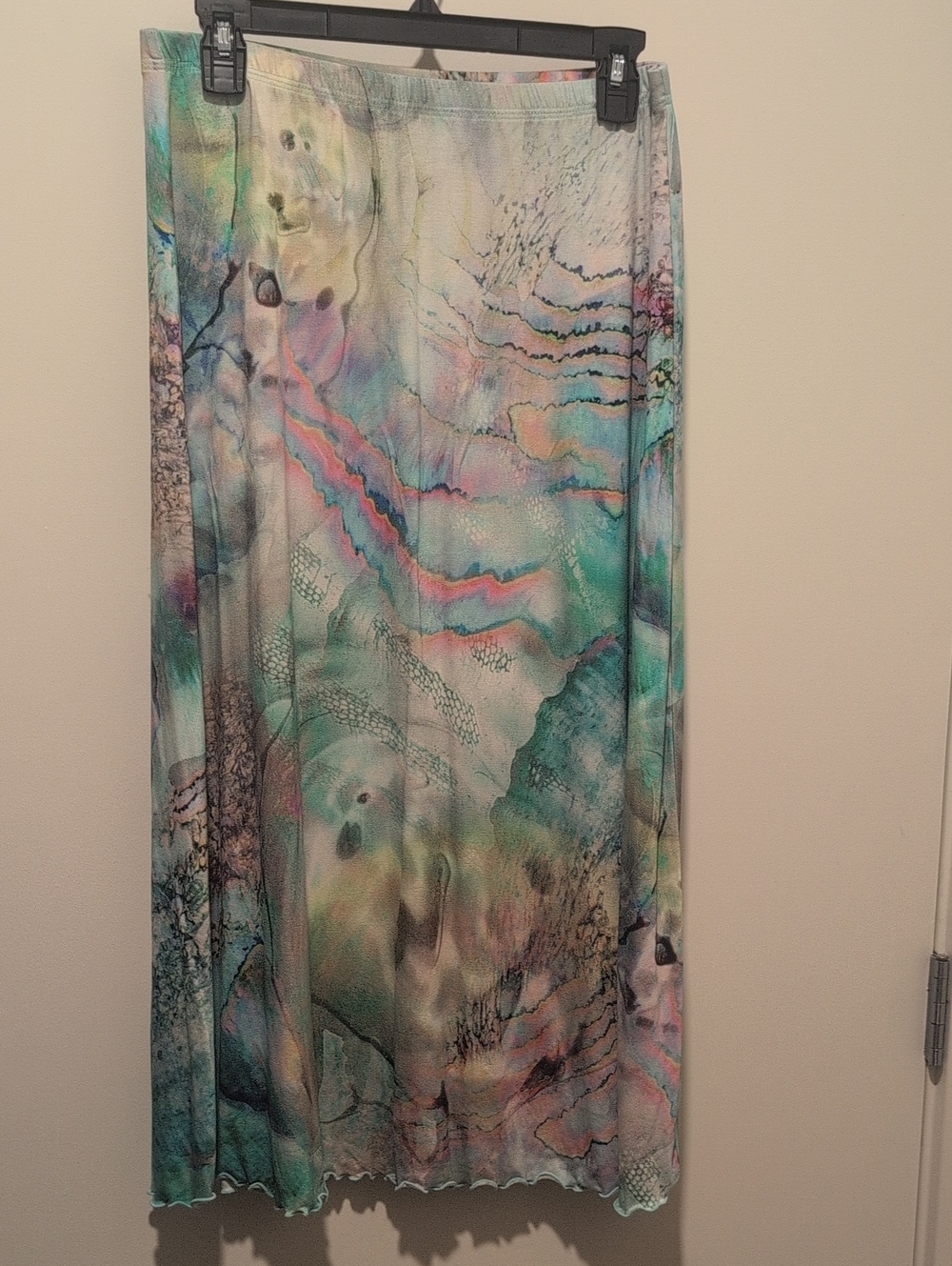 haystacks L Flowy Stretch Art Pastel Abstract Print Maxi Skirt Teal Pink Cream